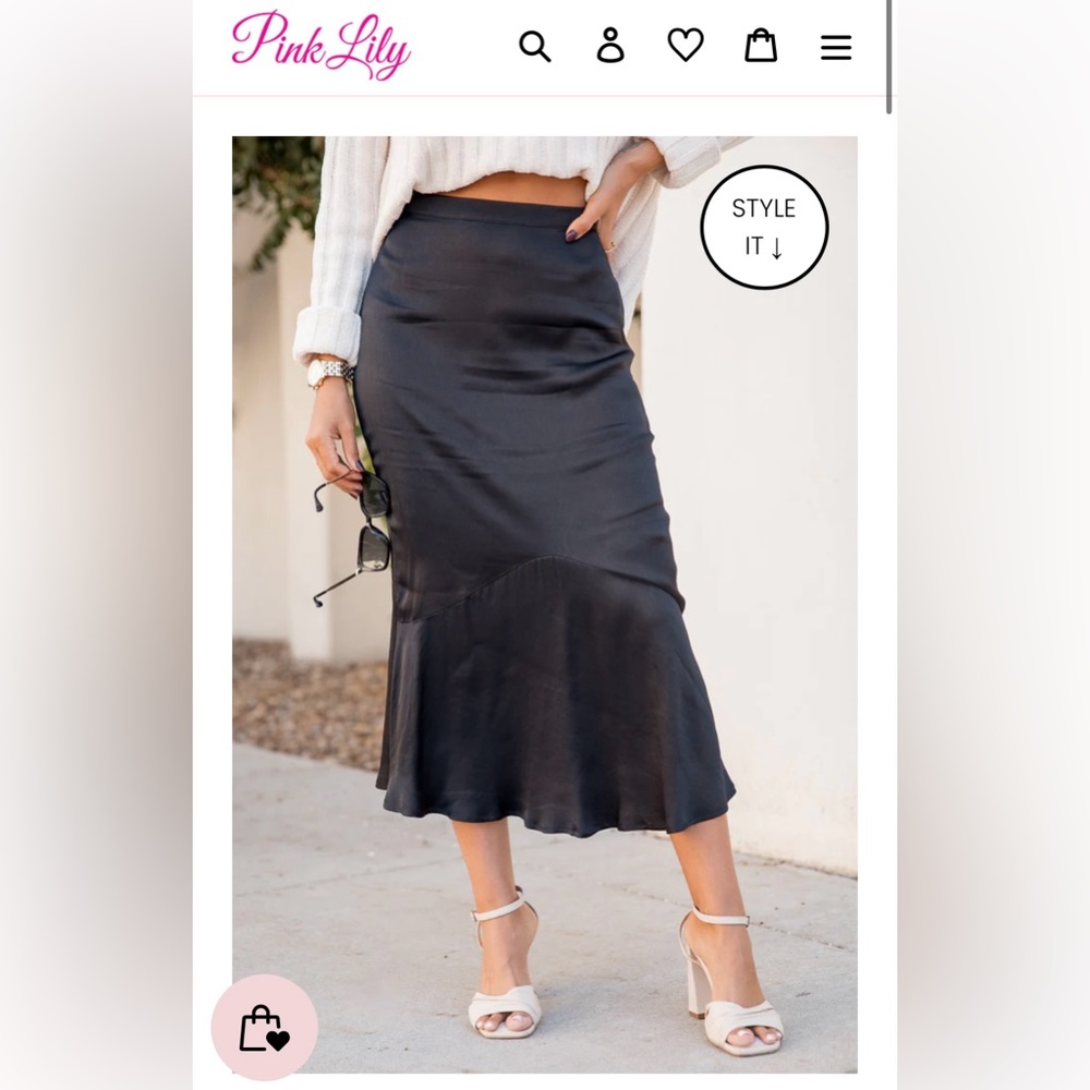 Pink Lily Boutique Small/Medium Black Peplum Hem Satin Midi Skirt